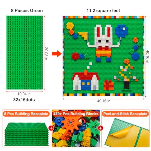 MIMAX Customize Building Block Wall 470 PCS Activity Toys Bricks with Self Adhesive Baseplate 8PCS 20x10 for All Major Brands Art Build On Table Green - Image 5