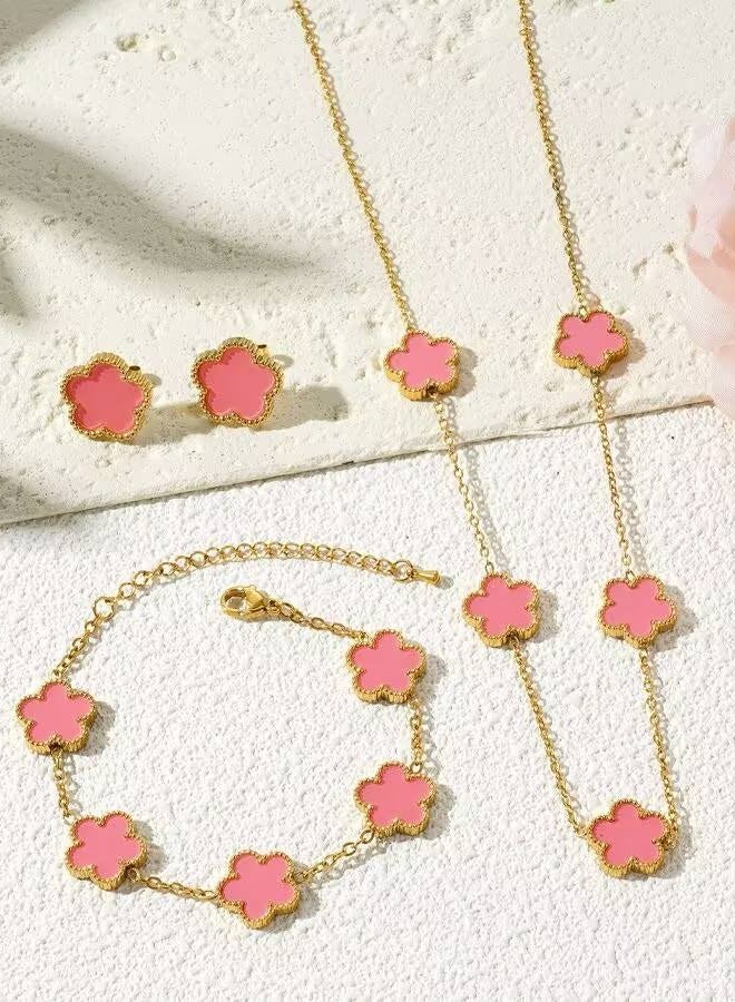 Luxury Jewelry Set – 4 Elegant Pieces with Floral Design - Pink  - Image 1