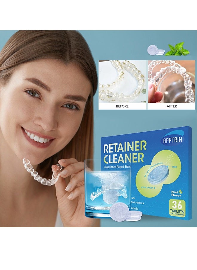APPTRIN Retainer Cleaner，Retainer Cleaner Tablets Denture Cleaning Tablets for Dental Appliances and Night Mouth Guard Cleanser Removes Odors Stains Plaque-36Tablets  - Image 1