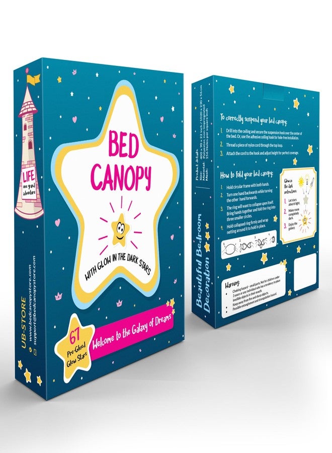 UB-STORE Pink Canopy for Girls Bed with Pre-Glued Glow in The Dark Stars - Princess Mosquito Net Room Decor - Kids & Baby Bedroom Tent with Galaxy Lights - 1 Opening Canopy Bed & Hanging Kit Included - Image 3