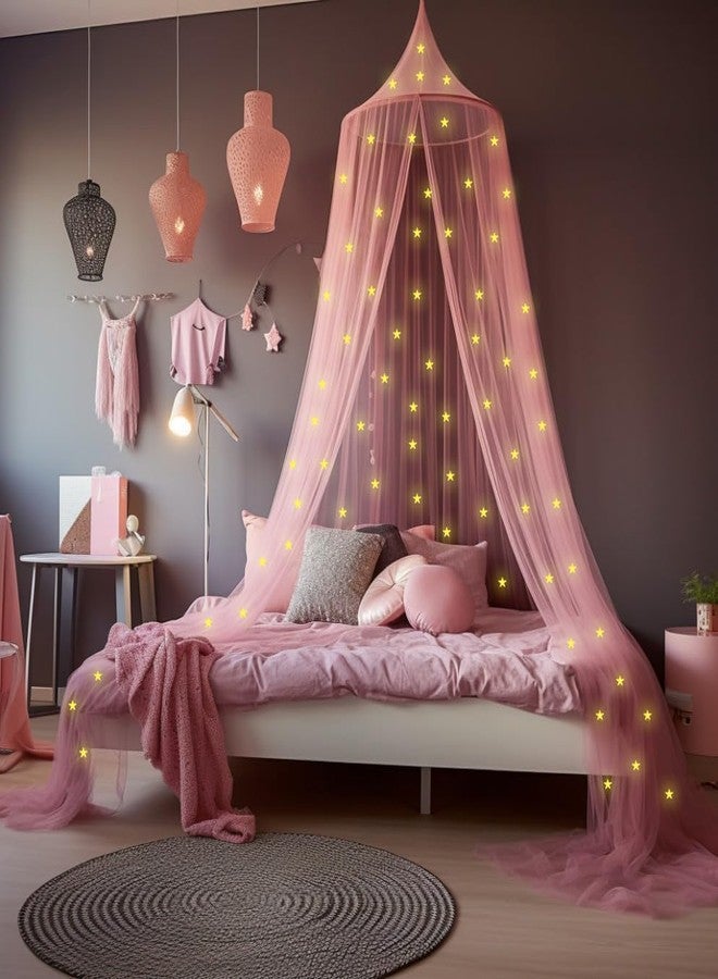 UB-STORE Pink Canopy for Girls Bed with Pre-Glued Glow in The Dark Stars - Princess Mosquito Net Room Decor - Kids & Baby Bedroom Tent with Galaxy Lights - 1 Opening Canopy Bed & Hanging Kit Included - Image 2
