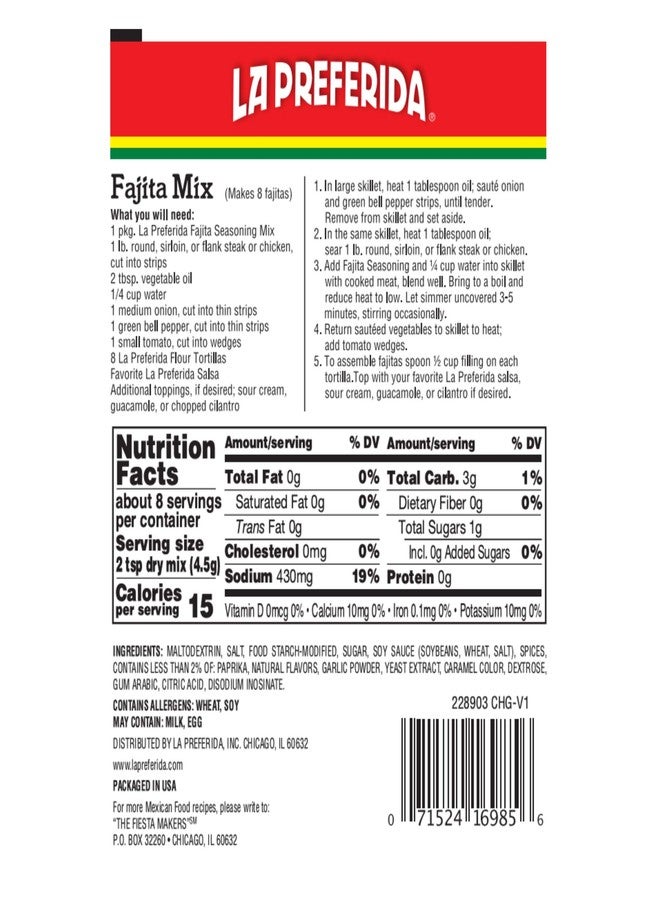 La Preferida Fajita Seasoning Mix (Bold Tex-Mex Spice Blend) for Chicken, Veggies & Steak – No MSG, No Artificial Flavors or Preservatives, 1.25oz. (Pack of 6) - Image 2