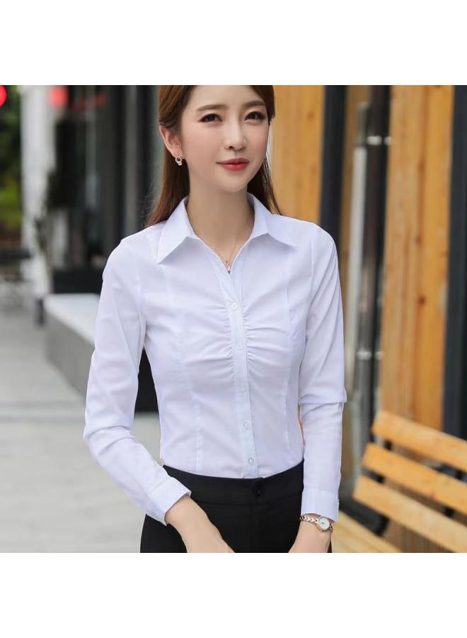 Design Sense White Pleated Women's Long-sleeved Spring New Slim-fit Slimming Lapel Micro-elastic Base Top Shirt