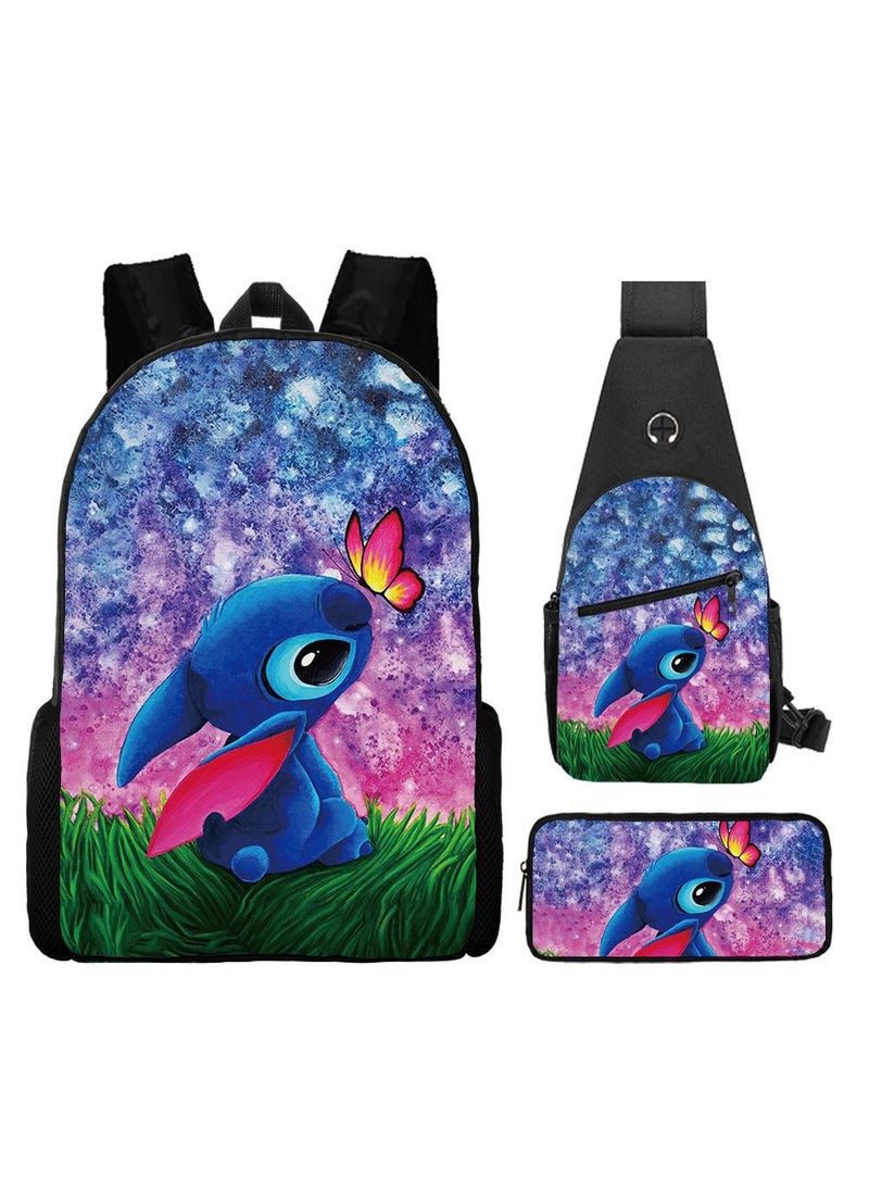 General 3-Piece Cartoon Stitch 3D Print Backpack Set  - Image 1