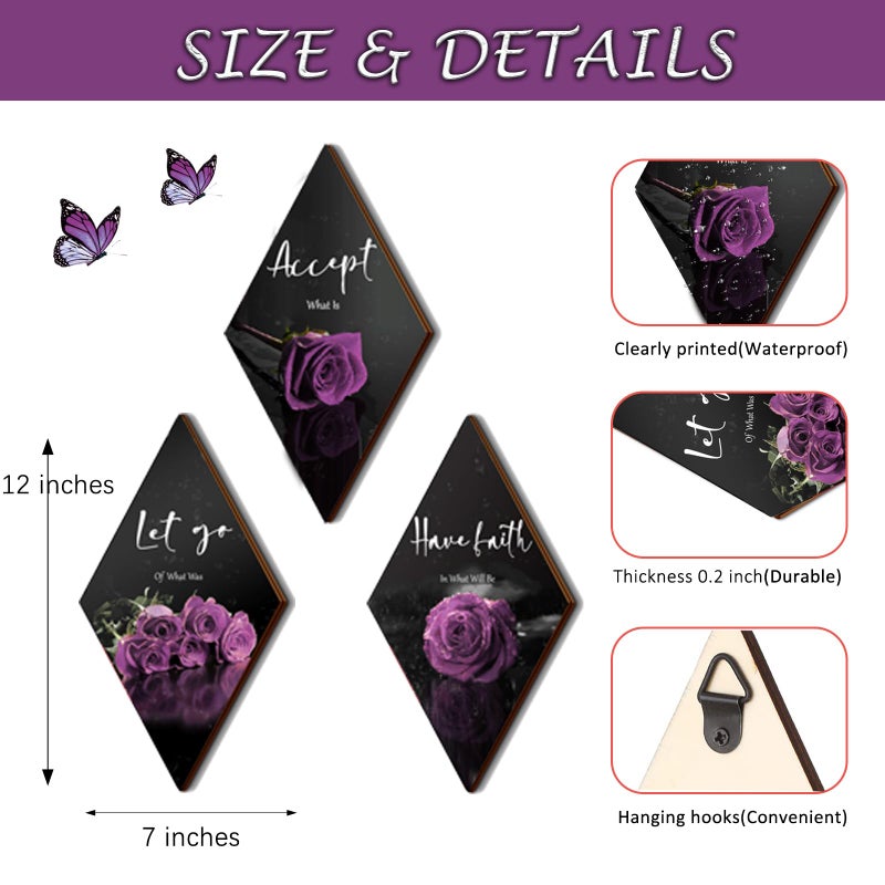 ZINYAZHE 3 Pcs Purple Wall Decor Inspirational Purple Rose Bathroom Decor Wooden Purple Wall Art Office Wall Decor with Accept Let Go Have Faith Sign for Girl Women Living Room Bedroom(Purple Rose 12 x 7 Inch) - Image 3