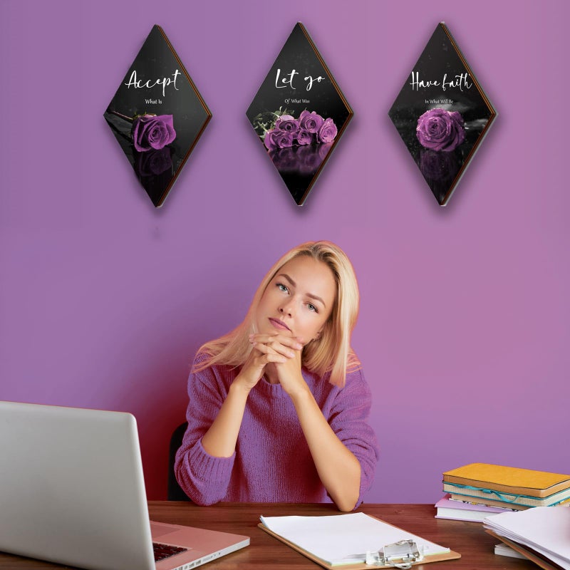 ZINYAZHE 3 Pcs Purple Wall Decor Inspirational Purple Rose Bathroom Decor Wooden Purple Wall Art Office Wall Decor with Accept Let Go Have Faith Sign for Girl Women Living Room Bedroom(Purple Rose 12 x 7 Inch) - Image 5