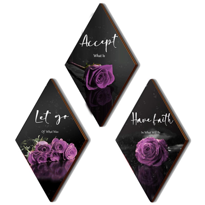 ZINYAZHE 3 Pcs Purple Wall Decor Inspirational Purple Rose Bathroom Decor Wooden Purple Wall Art Office Wall Decor with Accept Let Go Have Faith Sign for Girl Women Living Room Bedroom(Purple Rose 12 x 7 Inch) - Image 1