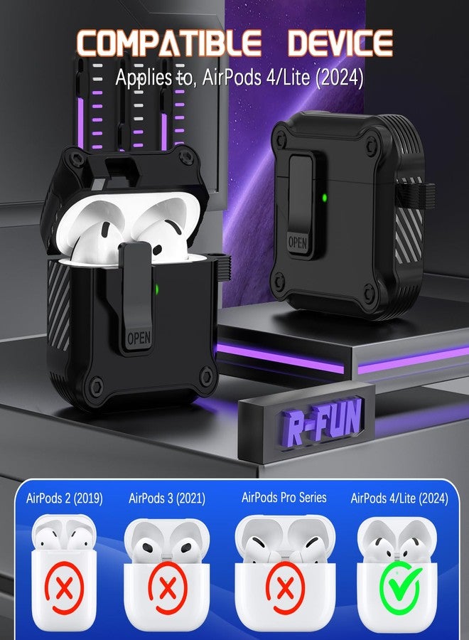 R-fun علبة R-fun متوافقة مع AirPods الجيل الرابع، توفر حماية كاملة ضد السقوط، غطاء منبثق تلقائيًا مع قفل، مزودة بمجموعة تنظيف وسلسلة مفاتيح لـ AirPods 4 2024 - أسود - Image 4