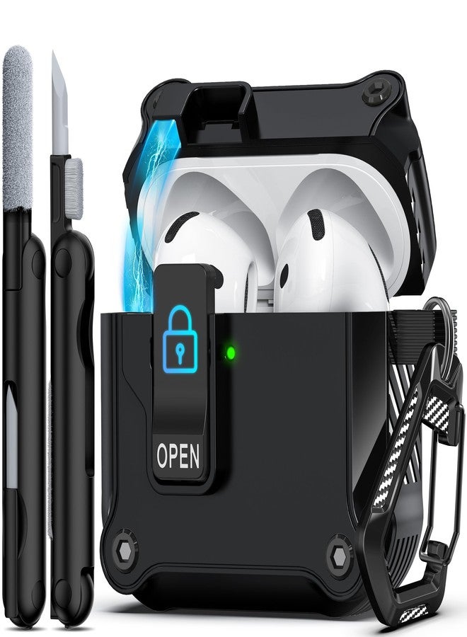 R-fun علبة R-fun متوافقة مع AirPods الجيل الرابع، توفر حماية كاملة ضد السقوط، غطاء منبثق تلقائيًا مع قفل، مزودة بمجموعة تنظيف وسلسلة مفاتيح لـ AirPods 4 2024 - أسود - Image 1