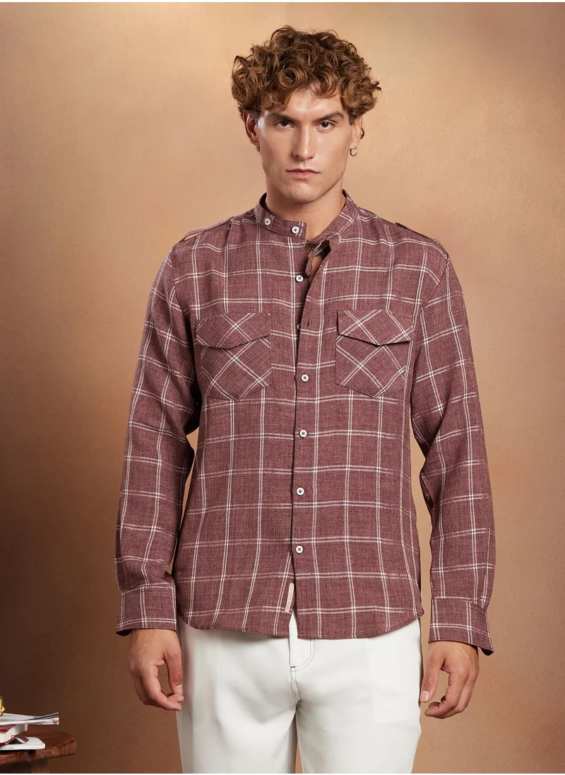 Campus Sutra Campus Sutra Men's Brick Red Bi-Graph Utility Oversized Shirt For Casual Wear | Band Collar | Long Cuffed Sleeves | Button Closure | Oversized Shirt Crafted With Comfort Fit For Everyday Wear