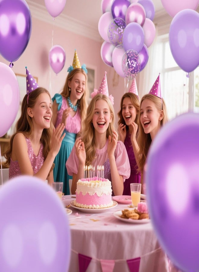 KAWKALSH Pink and Purple Balloons, 68PCS 12 Inch Metallic Purple Pink Confetti Latex Balloons with Ribbon, Party Balloons for Girls Birthday Baby Shower Wedding Party Decorations - Image 5