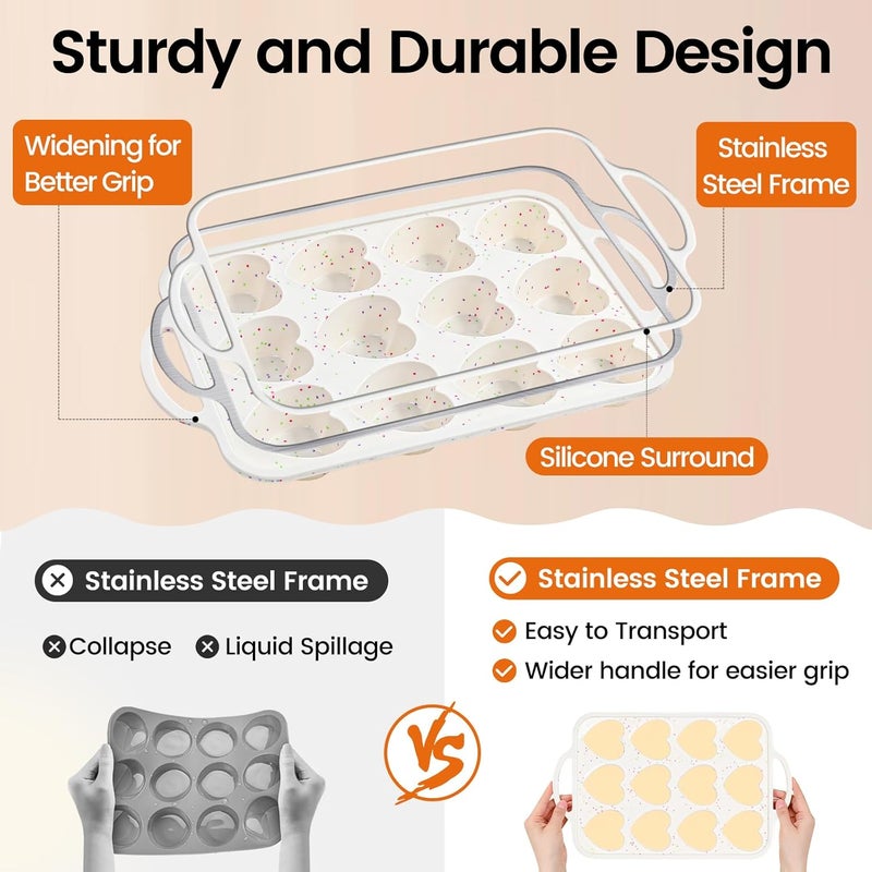 Fimary Premium Silicone Heart-Shaped Baking Mold with Metal Reinforced Frame – 2 Pack Non-Stick Cupcake & Muffin Pan for Baking Chocolate, Egg Bites & Brownies – BPA Free, Dishwasher & Oven Safe - Image 4