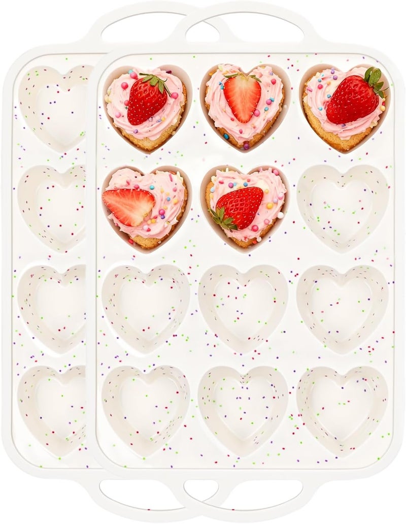 Fimary Premium Silicone Heart-Shaped Baking Mold with Metal Reinforced Frame – 2 Pack Non-Stick Cupcake & Muffin Pan for Baking Chocolate, Egg Bites & Brownies – BPA Free, Dishwasher & Oven Safe - Image 1
