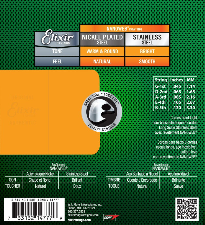 Elixir Strings Stainless Steel 5-String Bass Strings w NANOWEB Coating, Long Scale, Light (.045-.130) - Image 2
