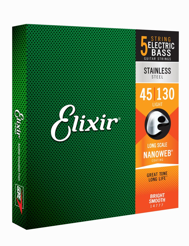 Elixir Strings Stainless Steel 5-String Bass Strings w NANOWEB Coating, Long Scale, Light (.045-.130) - Image 1