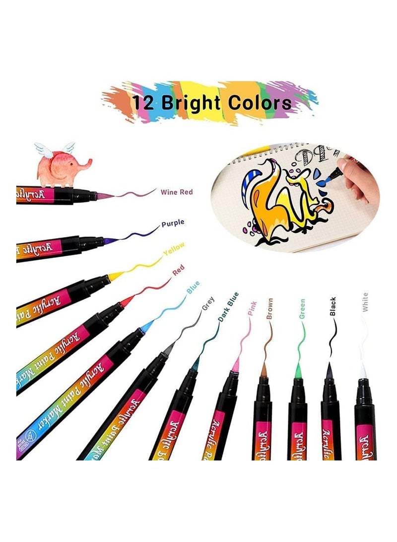 SYOSI Acrylic Paint Pens Brush Tip, 12 Basic Colors Acrylic Paint Markers. Set for Rock Painting, Calligraphy, Scrapbooking, Brush Lettering, Card Making, Sketching, Black Paper, DIY Photo Album - Image 3