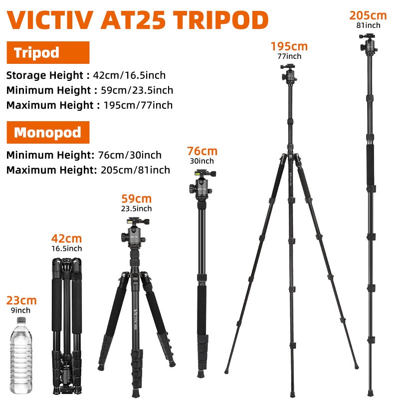 Victiv Camera Tripod，81 inch Aluminum Monopod Tripod for DSLR，Heavy Duty Foldable Tripod with 360 Degree Ball Head Loads Up to 22 lbs for Travel and Photography Black - Image 2