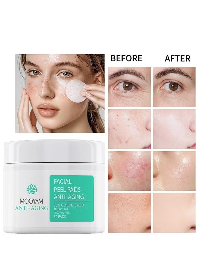 MOOYAM 35% Glycolic Acid Exfoliating Pads 50 Pads for Face and Body with AHA Vitamin B5 and C Anti Aging Treatment Reduces Acne Blackheads and Fine Lines for Pimple Breakout, Clear Skin  - Image 1