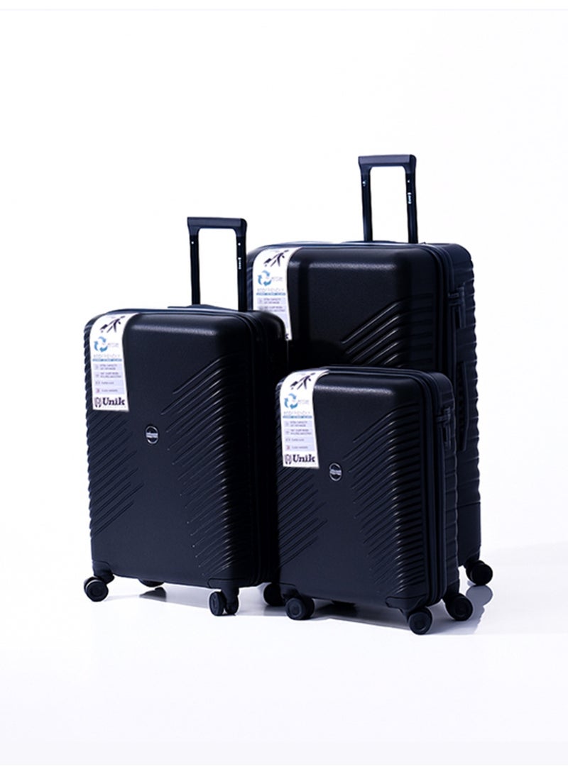 يونيك مجموعة حقائب سفر من 3 قطع مصنوعة من مادة ABS الصلبة، وحقائب سفر متينة بعجلات دوارة، باللون الأسود