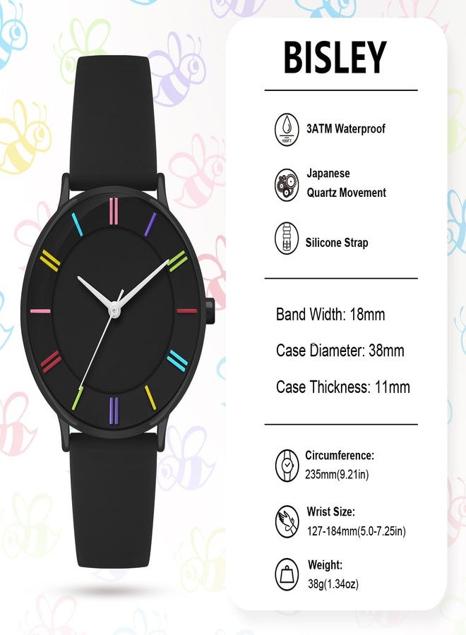 Bisley 38mm Watch for Women Silicone Strap Rainbow Dial Easy Reader Wrist Watch for Ladies, Black, Casual Watch - Image 5