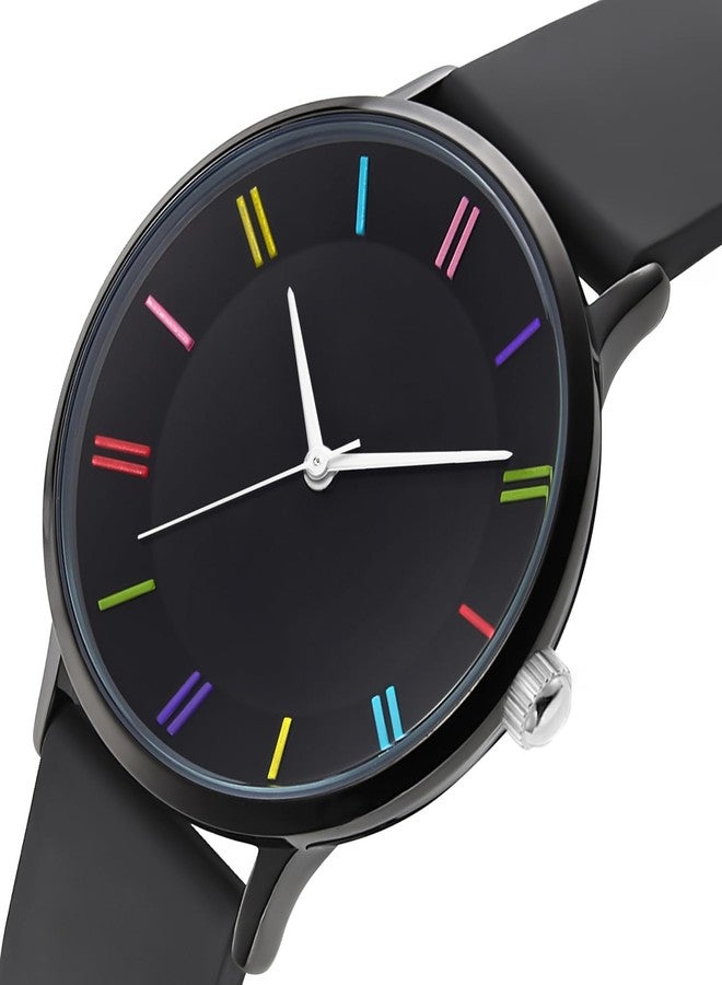 Bisley 38mm Watch for Women Silicone Strap Rainbow Dial Easy Reader Wrist Watch for Ladies, Black, Casual Watch - Image 3