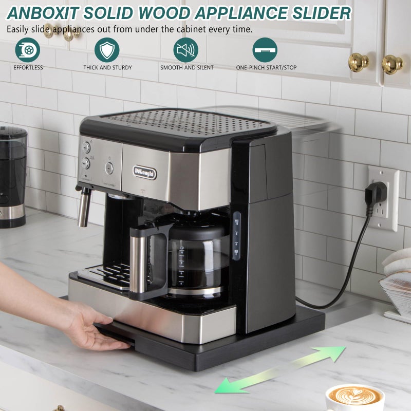 ANBOXIT Appliance Slider, Wooden Sliding Tray for Coffee Maker, Coffee Pot Slider for Counter, Kitchen Caddy Rolling Tray (Classic Black- Wide) - Image 2