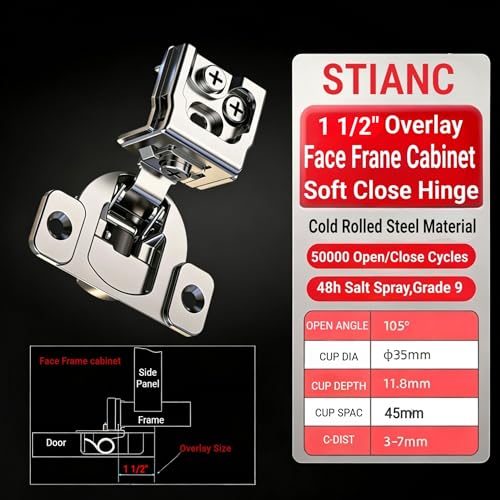 STIANC 50 Pack 1 1/2" Overlay 3D Soft Close Hinges for Face Frame Kitchen Cabinet, 3 Way Adjustability, Quiet Self-Closing Door, 105 Degree - Image 2