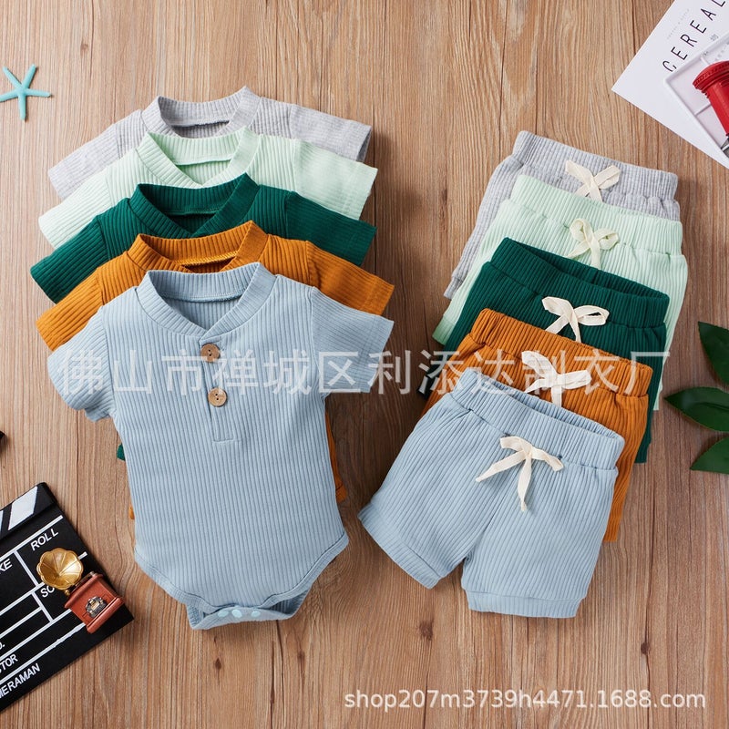 2021 Amazon spring explosions toddler [short sleeve twist button stripes solid color pullover two-piece]] Grey  - Image 2