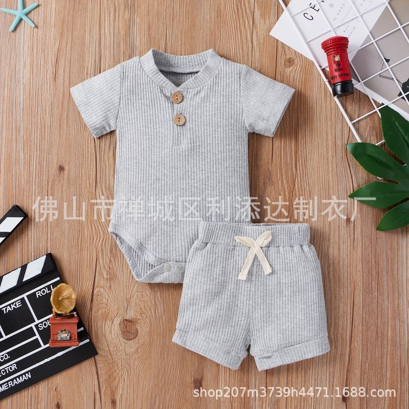 2021 Amazon spring explosions toddler [short sleeve twist button stripes solid color pullover two-piece]] Grey  - Image 3