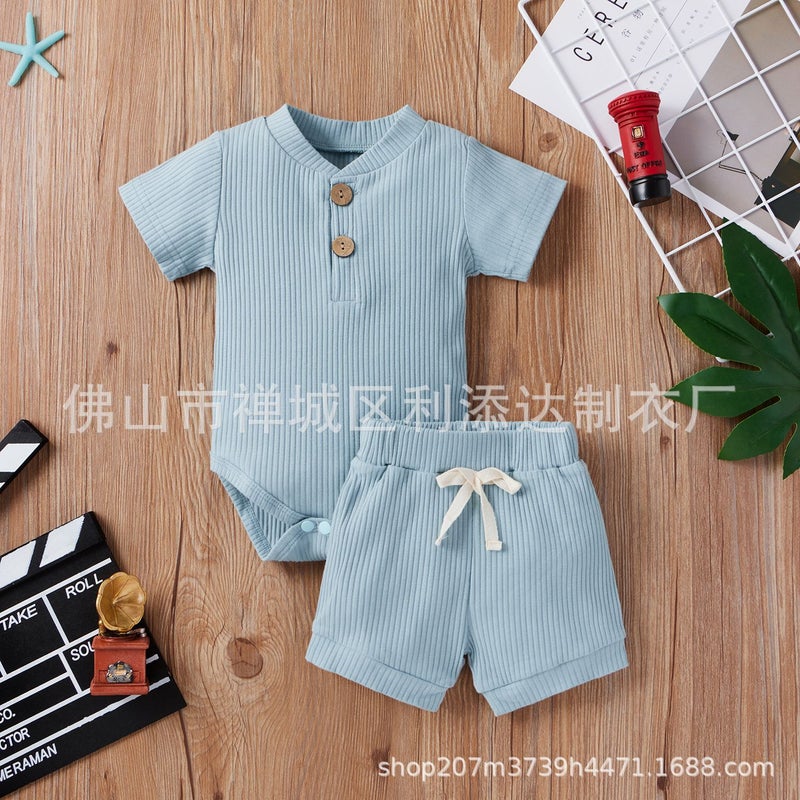 2021 Amazon spring explosions toddler [short sleeve twist button stripes solid color pullover two-piece]] Grey  - Image 4