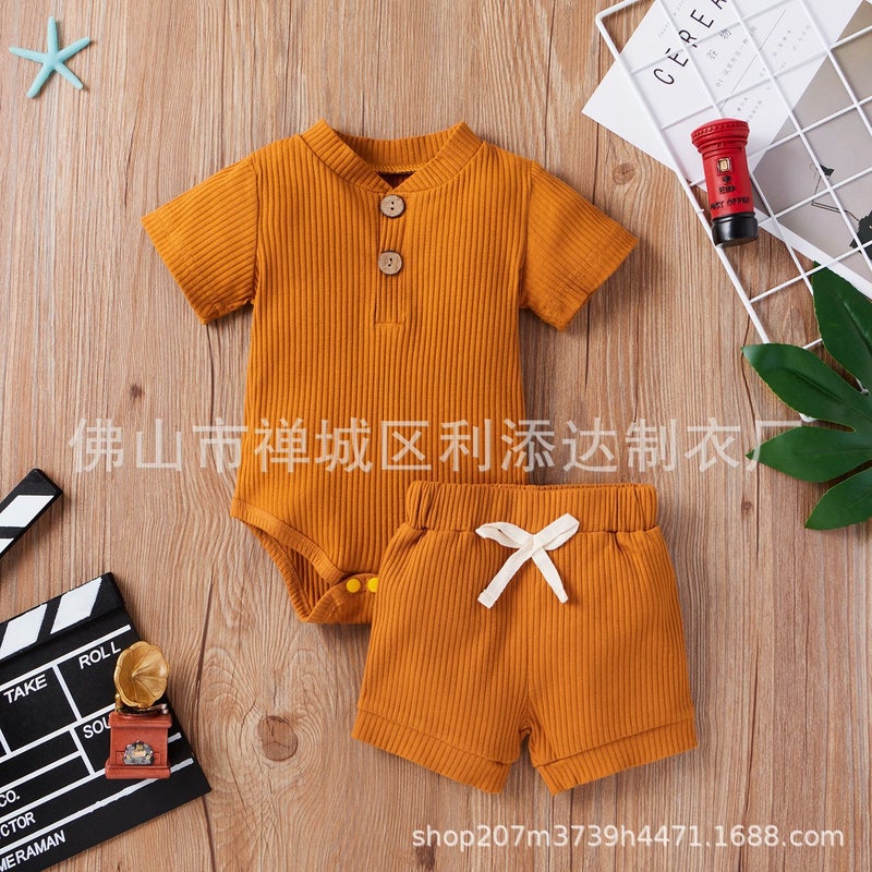 2021 Amazon spring explosions toddler [short sleeve twist button stripes solid color pullover two-piece]] Grey  - Image 5