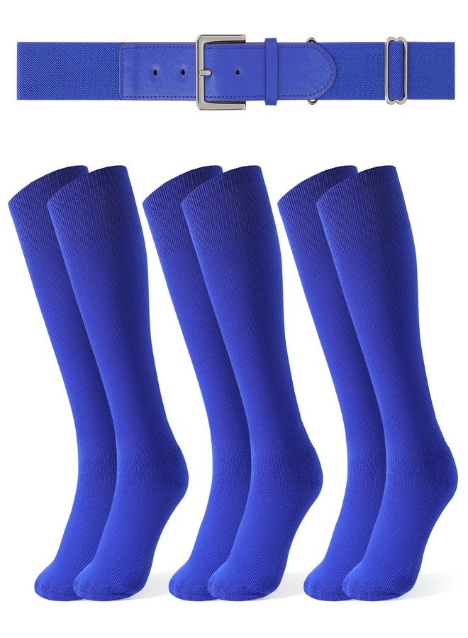 LEACOOLKEY Baseball Belt and Socks Combo Set 3 Pairs of Softball Socks and 1 Pack Elastic Belt for Adult Men Women Royal Blue - Image 1