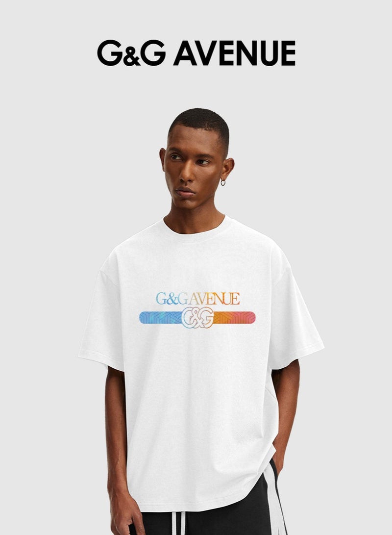 G&G AVENUE Heavy cotton fabric Men's Oversized round neck T-shirt, pure cotton thick and high-quality, 1/2 sleeve shirt slim fit new trend pattern white  - Image 1