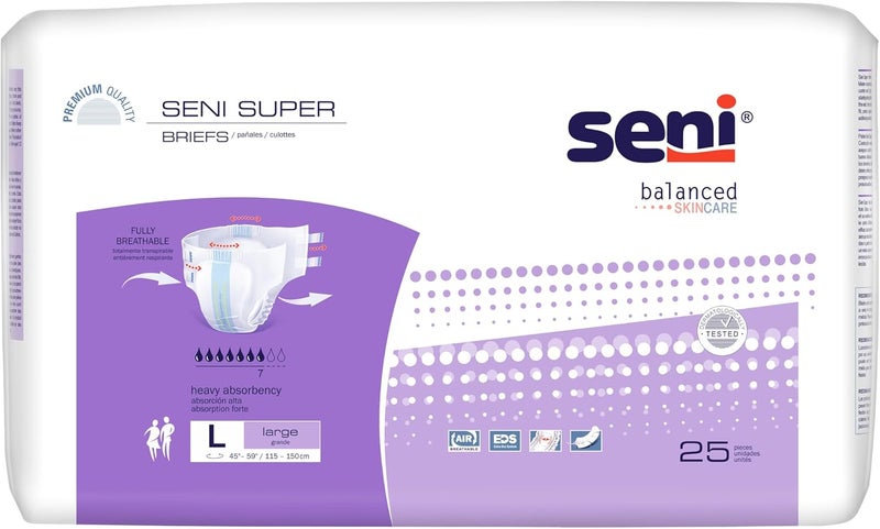 SENI Super Unisex Adult Incontinence Briefs with Tabs Size Large 4559 50 Count 2 Packs of 25 Heavy Absorbency Breathable Disposable Brief for Men Women - Image 1