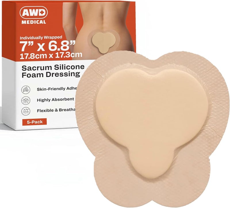 AWD Medical Bordered Sacrum Silicone Foam Dressing for Wound Care - Bed Sore Bandages - Waterproof and Breathable Silicone Bandages, Sacral Foam Dressing Absorbs Moderate to High Exudate - 5 per Box (7" x 6.8")