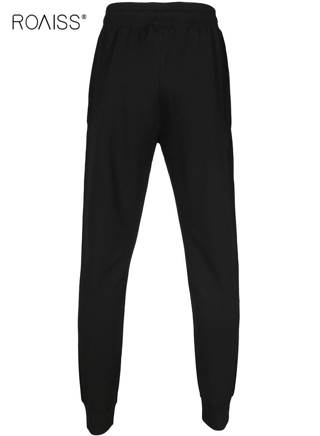 رويس بنطال رياضي رجالي من القطن بقصّة عادية ورباط للإغلاق وخصر مرن وجيوب بسحّاب، بنطال رياضي خارجي فضفاض بقصّة مستقيمة، باللون الأسود النقي - Image 3