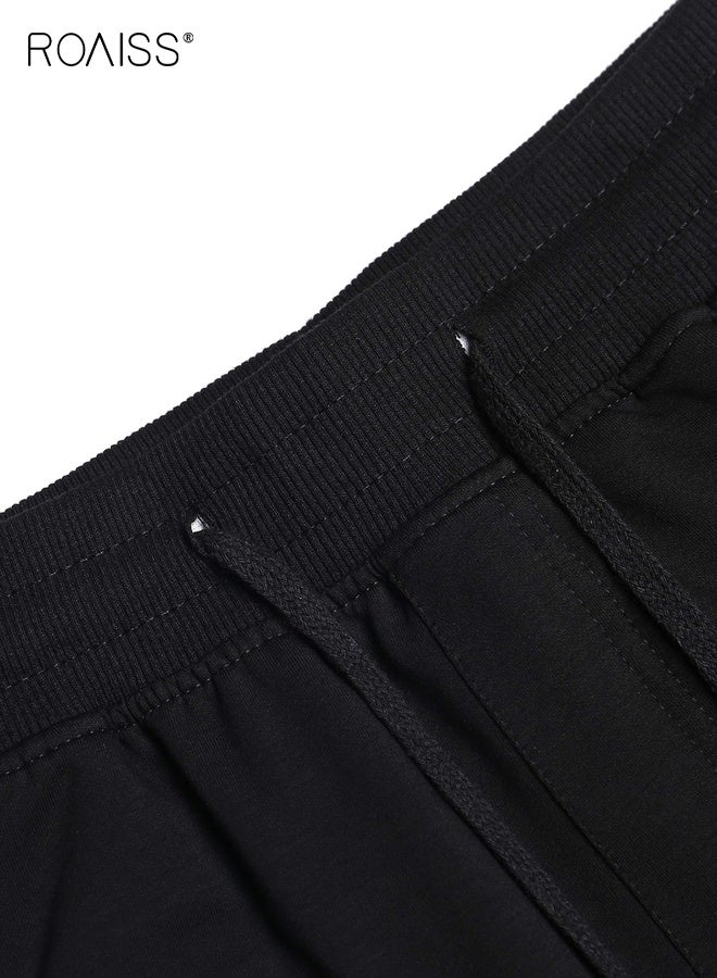 رويس بنطال رياضي رجالي من القطن بقصّة عادية ورباط للإغلاق وخصر مرن وجيوب بسحّاب، بنطال رياضي خارجي فضفاض بقصّة مستقيمة، باللون الأسود النقي - Image 4