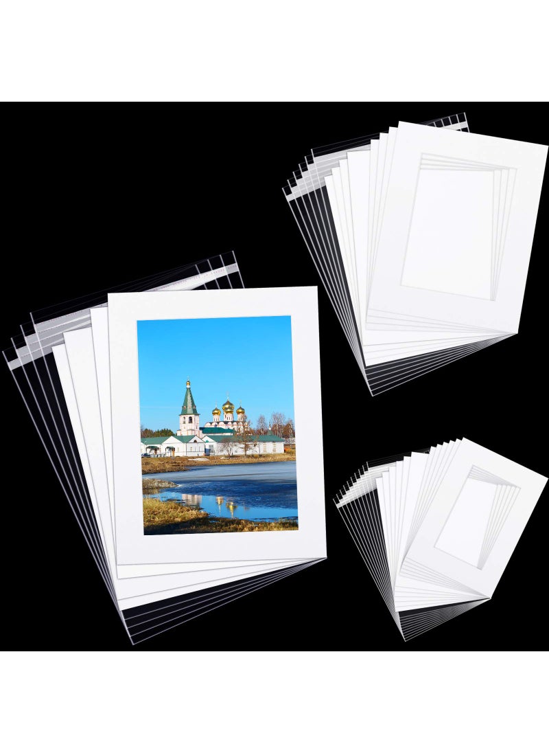 Jetec 12 Sets White Picture Mat Set 5 x 7 8 x 10 11 x 14 Photo Frame Mattes with White Core Bevel Cutting Mat Board and 20 Transparent Bags for Packaging Photo Picture Artwork 