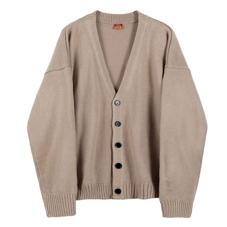 Mens Knitted Cardigan Jacket 2024 Autumn/Winter Loose Fit Trendy V-Neck Single-Breasted Solid Color Outerwear Sweater Khaki  - Image 1