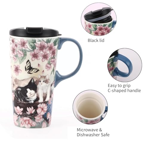 TZSSP Coffee Ceramic Mug Travel Mug Porcelain Latte Tea Cup With Lid 17oz,Novelty Coffee Mugs for Office & Home Flower and Cat - Image 5