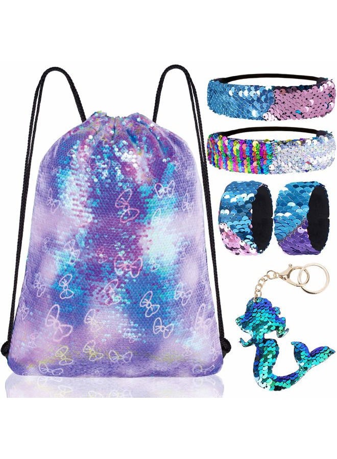 GA&EN Mermaid Reversible Sequin Drawstring Backpack/Bag Clear Iridescent Sequin+ Butterfly Shape Spotted Purple Fabric for Kids Girls One_Size - Image 1