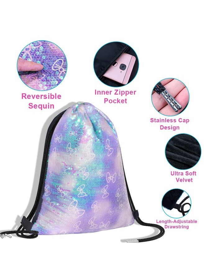 GA&EN Mermaid Reversible Sequin Drawstring Backpack/Bag Clear Iridescent Sequin+ Butterfly Shape Spotted Purple Fabric for Kids Girls One_Size - Image 4