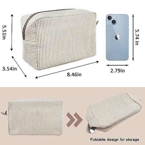 GFU Cosmetic Bags for Women, Seersucker Cosmetic Bag, Travel Toiletry Stripe Makeup Bag, Large Women Aesthetic Organizer Storage Pouch, Girls Handbags Purses, brown - Image 4