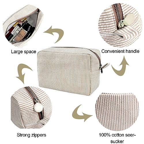 GFU Cosmetic Bags for Women, Seersucker Cosmetic Bag, Travel Toiletry Stripe Makeup Bag, Large Women Aesthetic Organizer Storage Pouch, Girls Handbags Purses, brown - Image 3