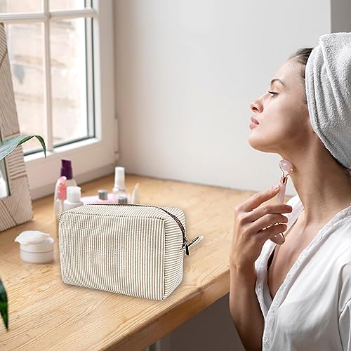 GFU Cosmetic Bags for Women, Seersucker Cosmetic Bag, Travel Toiletry Stripe Makeup Bag, Large Women Aesthetic Organizer Storage Pouch, Girls Handbags Purses, brown - Image 5