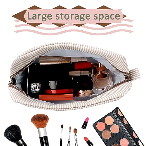 GFU Cosmetic Bags for Women, Seersucker Cosmetic Bag, Travel Toiletry Stripe Makeup Bag, Large Women Aesthetic Organizer Storage Pouch, Girls Handbags Purses, brown - Image 2