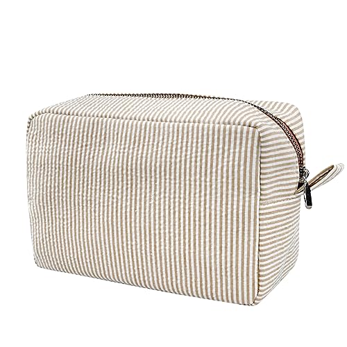 GFU Cosmetic Bags for Women, Seersucker Cosmetic Bag, Travel Toiletry Stripe Makeup Bag, Large Women Aesthetic Organizer Storage Pouch, Girls Handbags Purses, brown - Image 1