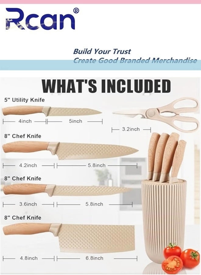 Rcan Kitchen Knife Set 6 Piece Khaki Sharp Knife Set for Kitchen Non-stick Non-slip Stainless Steel Chef Knife Set with Universal Knife Block Suitable for Home Restaurant - Image 3