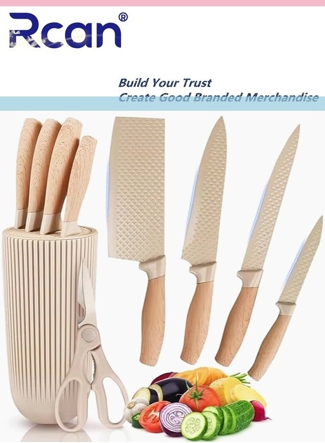 Rcan Kitchen Knife Set 6 Piece Khaki Sharp Knife Set for Kitchen Non-stick Non-slip Stainless Steel Chef Knife Set with Universal Knife Block Suitable for Home Restaurant - Image 1