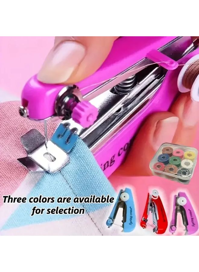 Pink Portable Manual Sewing Machine Set 13pcs Handheld Fabric Repair Kit with 9 Color Spools - Image 3